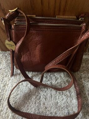 margot Chestnut Brown Leather Crossbody with Gold Accents